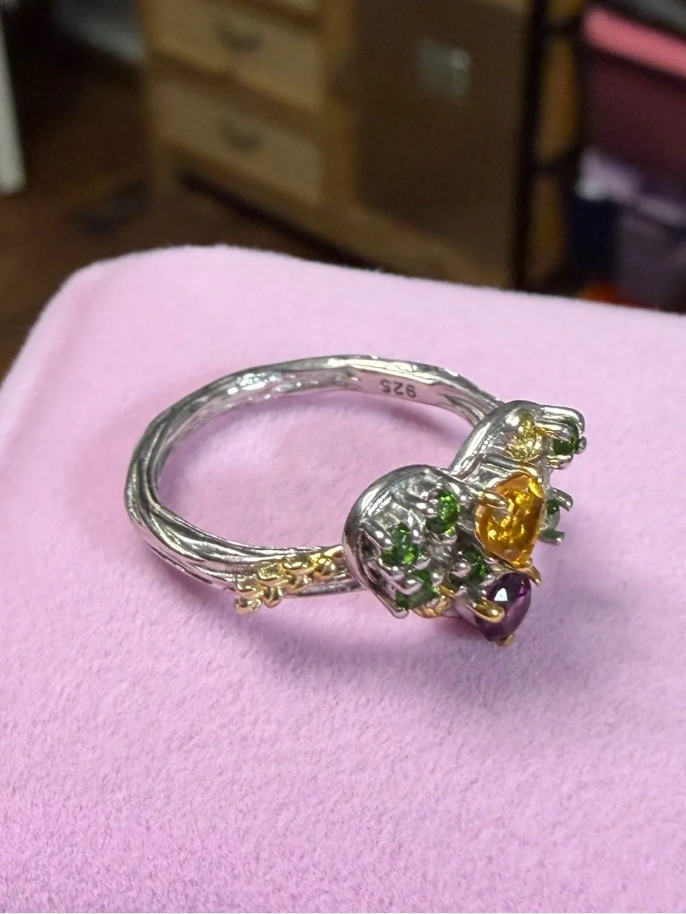Natural Citrine Chrome Diopside & Garnet Heart Floral Twisted band Ring Sz 6.75